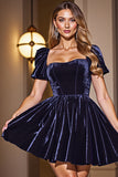 Black A Line Square Neck Short Homecoming Dress with Sleeves