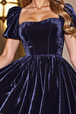 Black A Line Square Neck Short Homecoming Dress with Sleeves