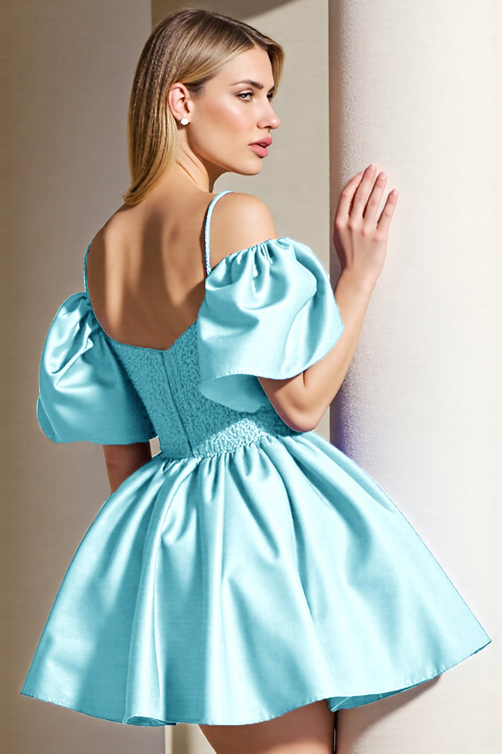 Light Blue Corset Cold Shoulder Short A Line Homecoming Dress