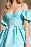 Light Blue Corset Cold Shoulder Short A Line Homecoming Dress