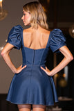 Dark Blue Corset A Line Short Homecoming Dress with Sleeves