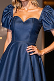 Dark Blue Corset A Line Short Homecoming Dress with Sleeves