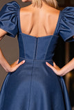 Dark Blue Corset A Line Short Homecoming Dress with Sleeves