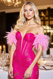 Saprkly Fuchsia Corset Sweetheart Short Homecoming Dress with Feathers