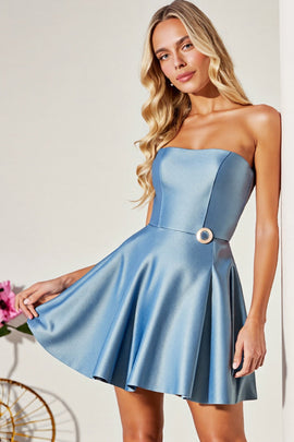 Blue Strapless A Line Satin Short Homecoming Dress