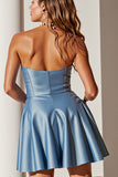 Blue Strapless A Line Satin Short Homecoming Dress