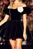 Black Floral Off the Shoulder Velvet A Line Short Homecoming Dress