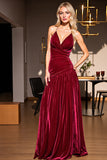 Burgundy Sheath V-Neck Ruched Long Velvet Formal Dress