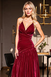 Burgundy Sheath V-Neck Ruched Long Velvet Formal Dress
