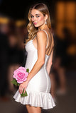 White Tight Spaghetti Straps Ruffled Short Homecoming Dress