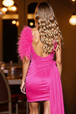 Fuchsia Tight Satin Short Ruched Homecoming Dress with Feather