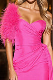 Fuchsia Tight Satin Short Ruched Homecoming Dress with Feather