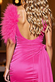 Fuchsia Tight Satin Short Ruched Homecoming Dress with Feather