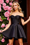 Black A Line Off the Shoulder Corset Short Satin Homecoming Dress