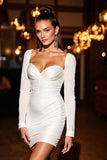 White Satin Bow Short Tight Homecoming Dress with Long Sleeves