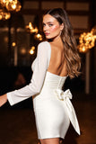 White Satin Bow Short Tight Homecoming Dress with Long Sleeves
