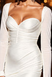 White Satin Bow Short Tight Homecoming Dress with Long Sleeves