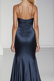 Dark Blue Satin Mermaid Long Formal Dress with Slit