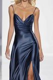 Dark Blue Satin Spaghetti Straps Long Formal Dress with Slit