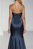 Dark Blue Satin Spaghetti Straps Long Formal Dress with Slit