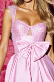 Sparkly Pink Corset Satin Short Homecoming Dress with Bow