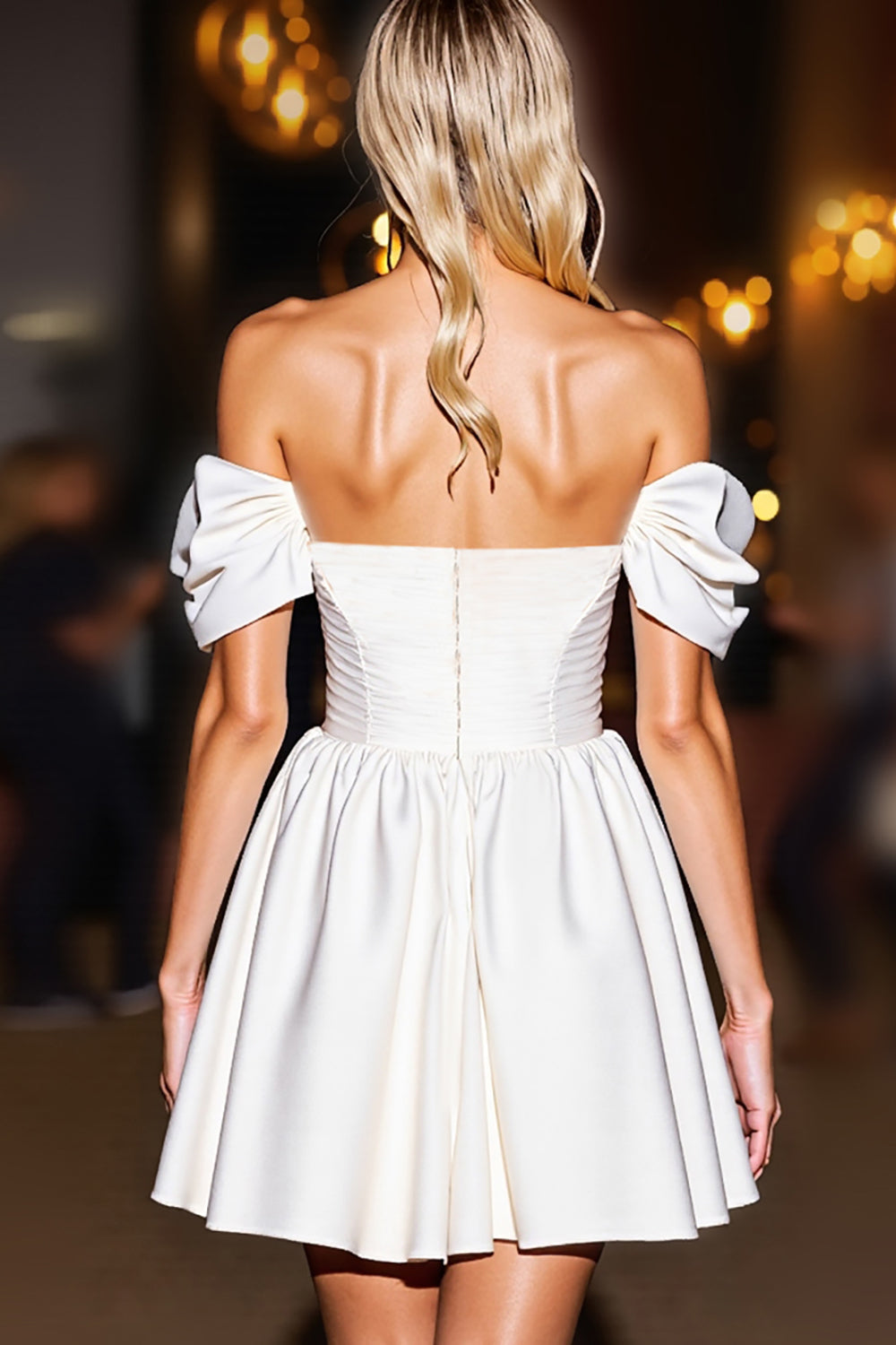 White Satin A Line Off the Shoulder Short Homecoming Dress with Ruffles