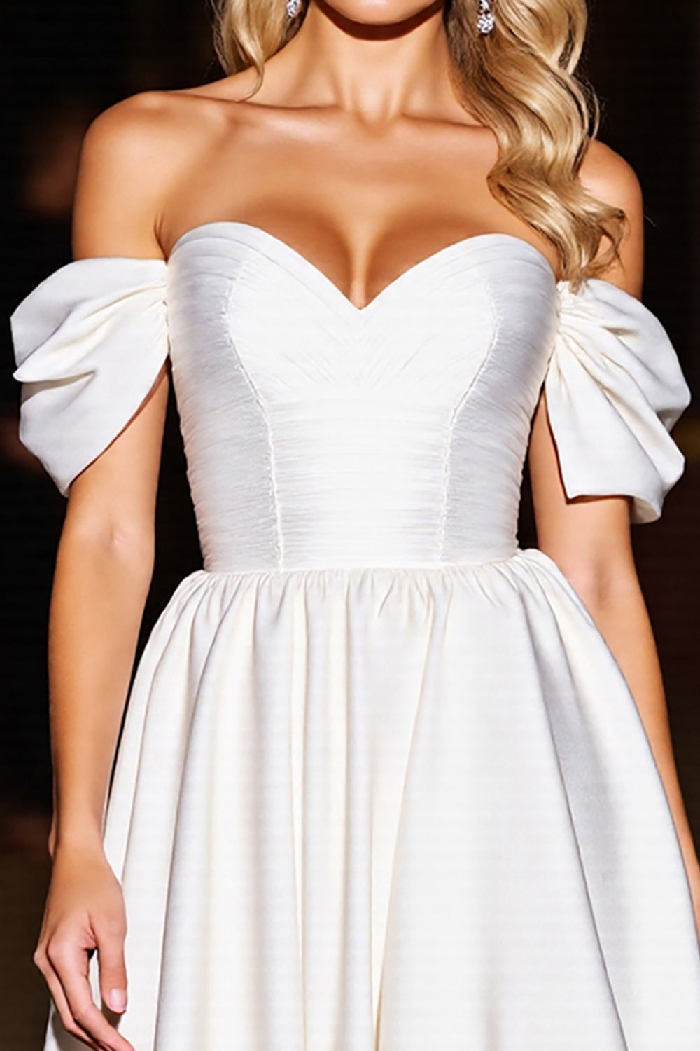 White Satin A Line Off the Shoulder Short Homecoming Dress with Ruffles
