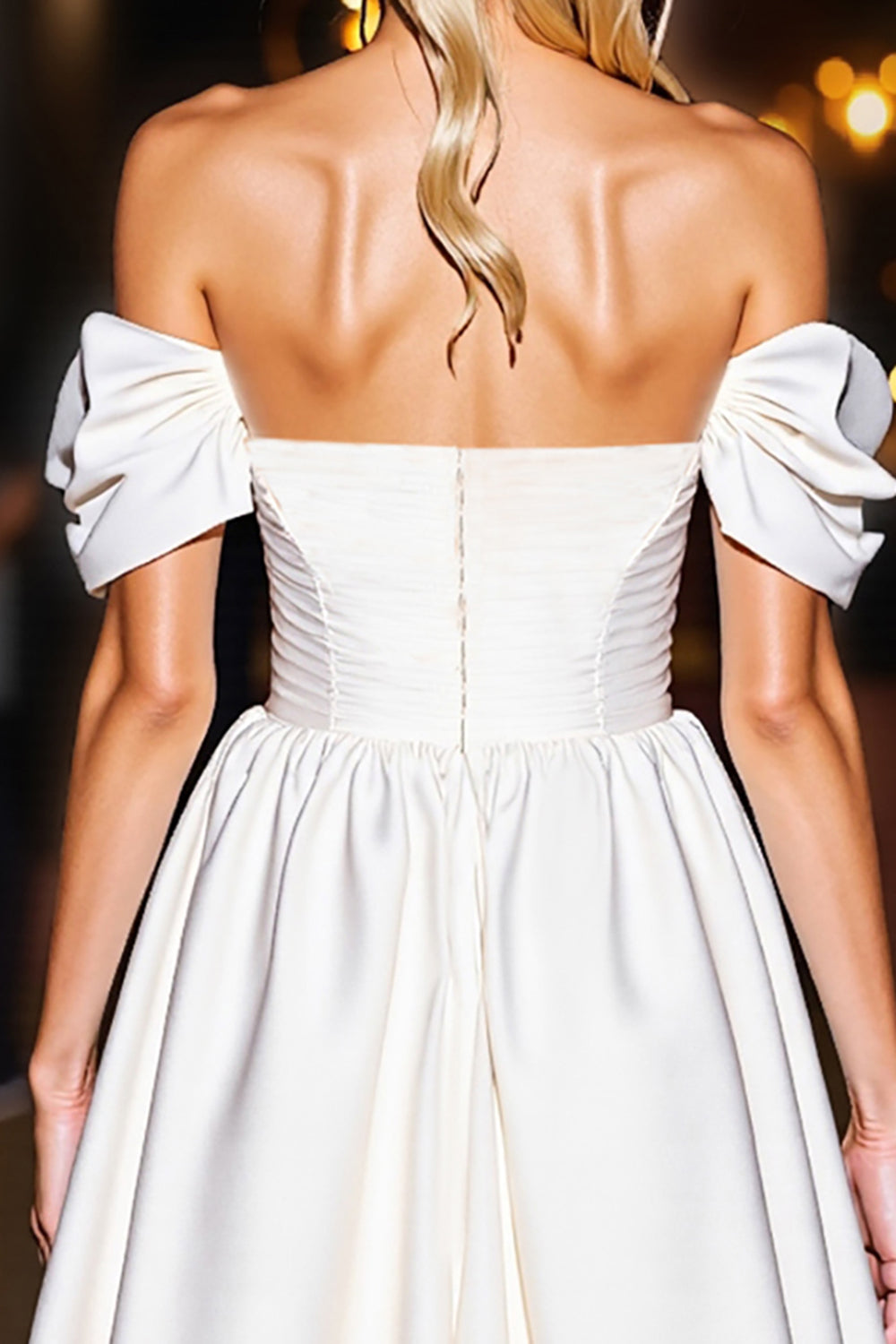 White Satin A Line Off the Shoulder Short Homecoming Dress with Ruffles