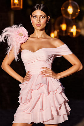 Pink Floral Ruffled Chiffon Short Homecoming Dress with Feathers