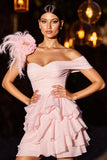 Pink Floral Ruffled Chiffon Short Homecoming Dress with Feathers
