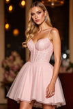 Sparkly Blush Corset Tulle Short Homecoming Dress with Sequins