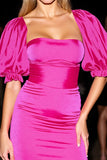 Fuchsia Satin Bodycon Short Homecoming Dress with Sleeves