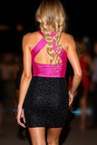 Sparkly Black and Fuchsia Bodycon Halter Keyhole Short Homecoming Dress