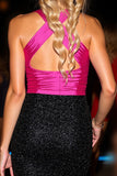 Sparkly Black and Fuchsia Bodycon Halter Keyhole Short Homecoming Dress