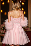 Sparkly Blush Corset Sequin Short Homecoming Dress with Feathers