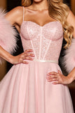 Sparkly Blush Corset Sequin Short Homecoming Dress with Feathers