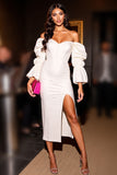 White Satin Corset Tight Midi Homecoming Dress with Slit