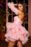 Pink A Line Corset Short Ruffled Homecoming Dress with Sleeves