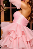 Pink A Line Corset Short Ruffled Homecoming Dress with Sleeves