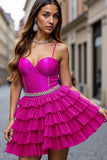 Fuchsia A Line Tiered Short Homecoming Dress with Ruffles