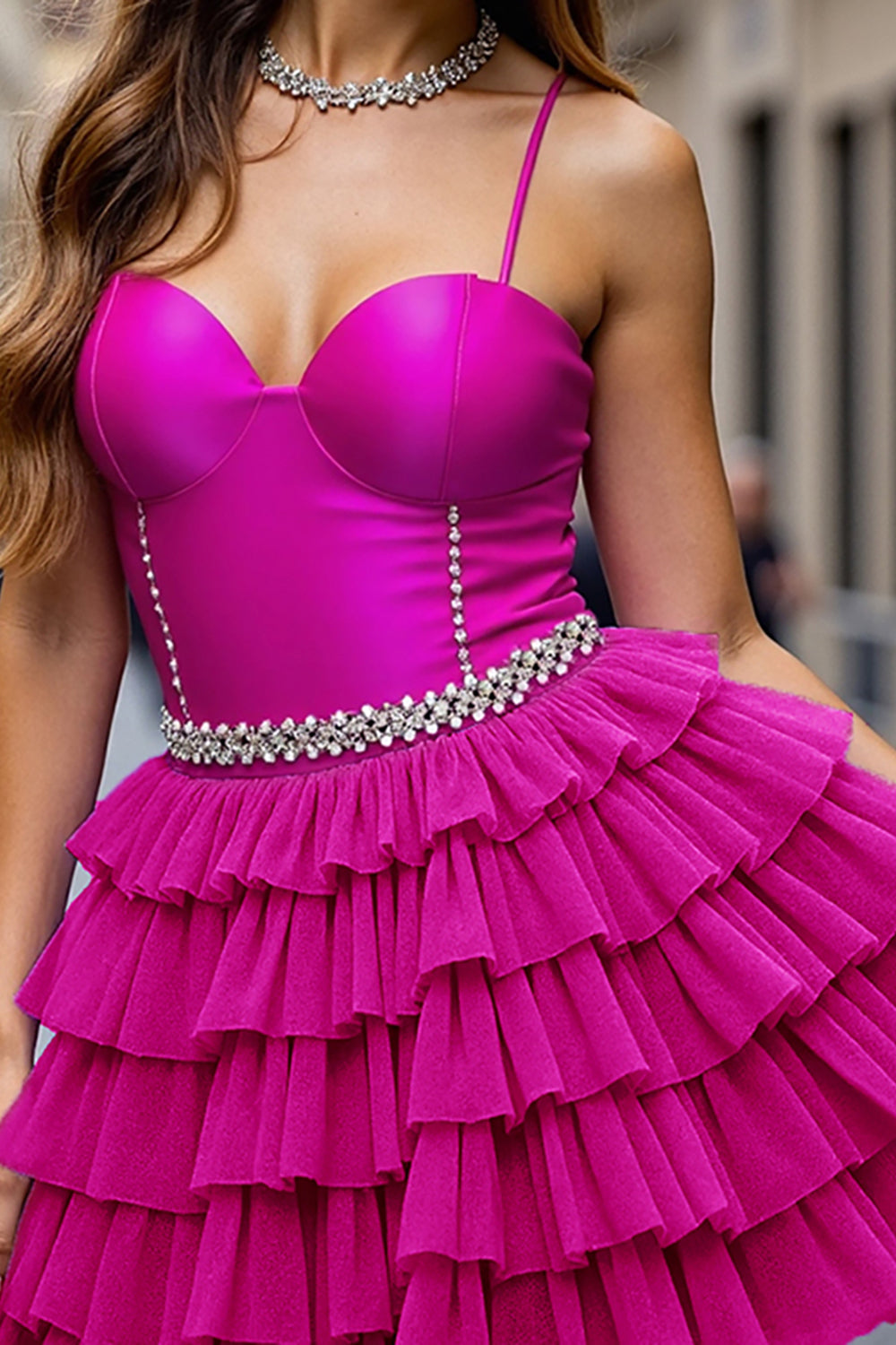 Fuchsia A Line Tiered Short Homecoming Dress with Ruffles