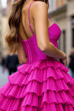 Fuchsia A Line Tiered Short Homecoming Dress with Ruffles