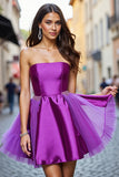 Dark Purple A Line Satin Strapless Short Homecoming Dress with Beading