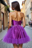 Dark Purple A Line Satin Strapless Short Homecoming Dress with Beading