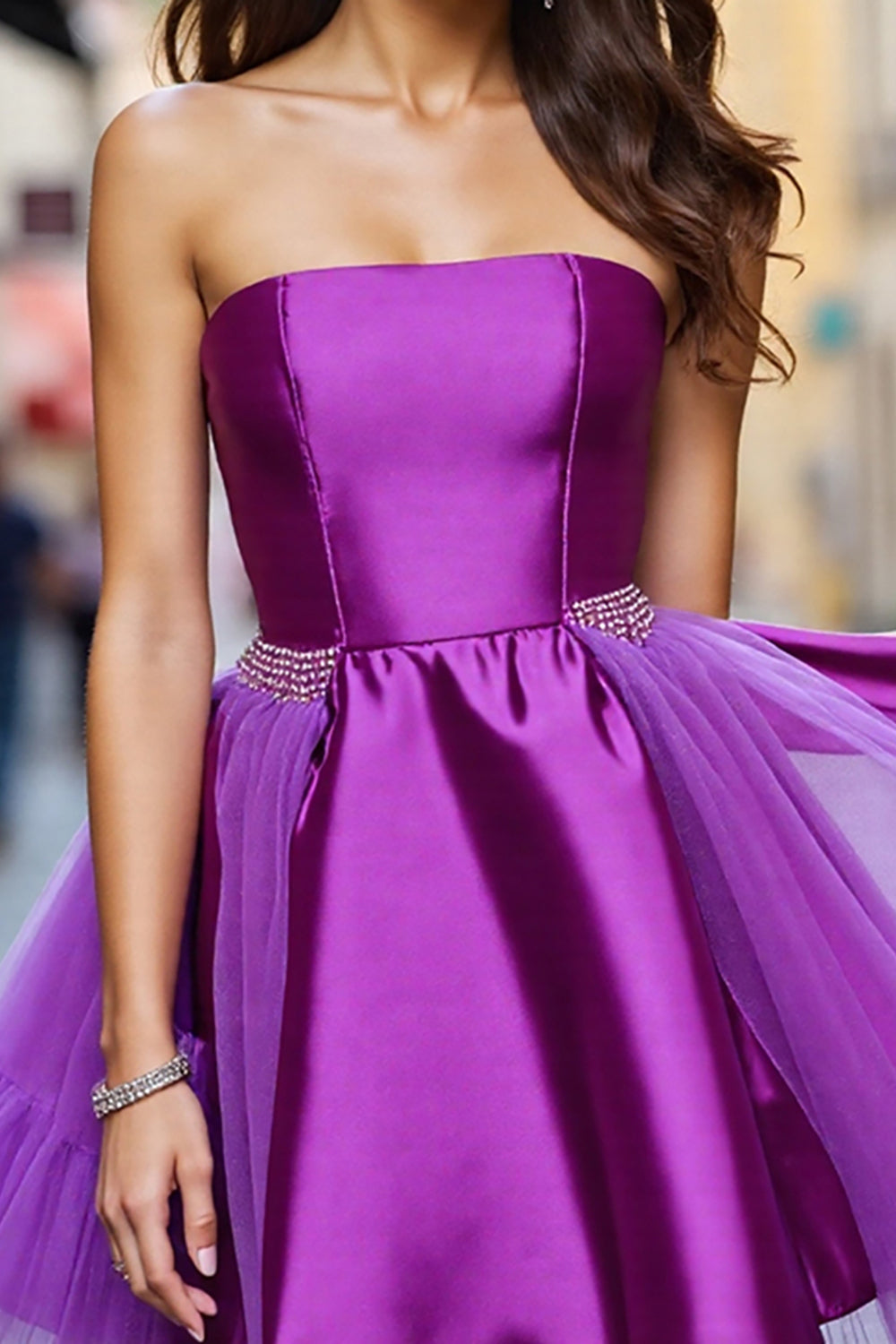 Dark Purple A Line Satin Strapless Short Homecoming Dress with Beading