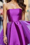 Dark Purple A Line Satin Strapless Short Homecoming Dress with Beading
