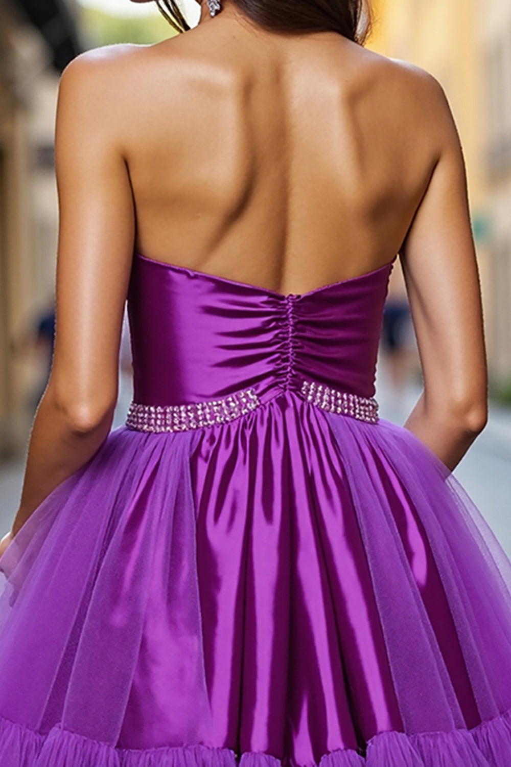 Dark Purple A Line Satin Strapless Short Homecoming Dress with Beading