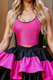 Black and Fuchsia Satin A Line Tiered Short Homecoming Dress with Ruffles