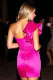 Fuchsia Bodycon One Shoulder Short Homecoming Dress with Ruffles