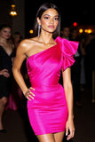 Fuchsia Bodycon One Shoulder Short Homecoming Dress with Ruffles